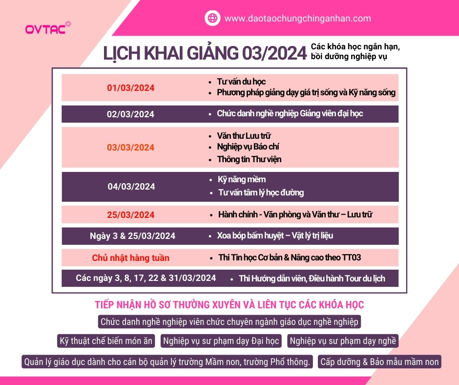 Lịch Khai Giảng Tháng 3 Ovtac