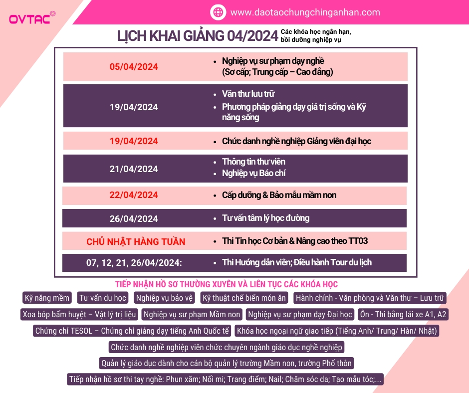 Lịch Khai Giảng Tháng 4